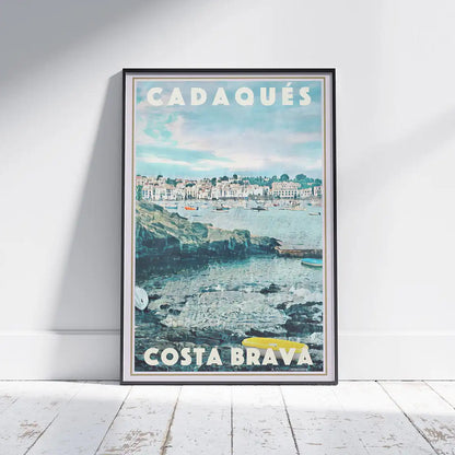 Cadaqués Memories travel poster by Alecse showing the Costa Brava village from the rocky shoreline