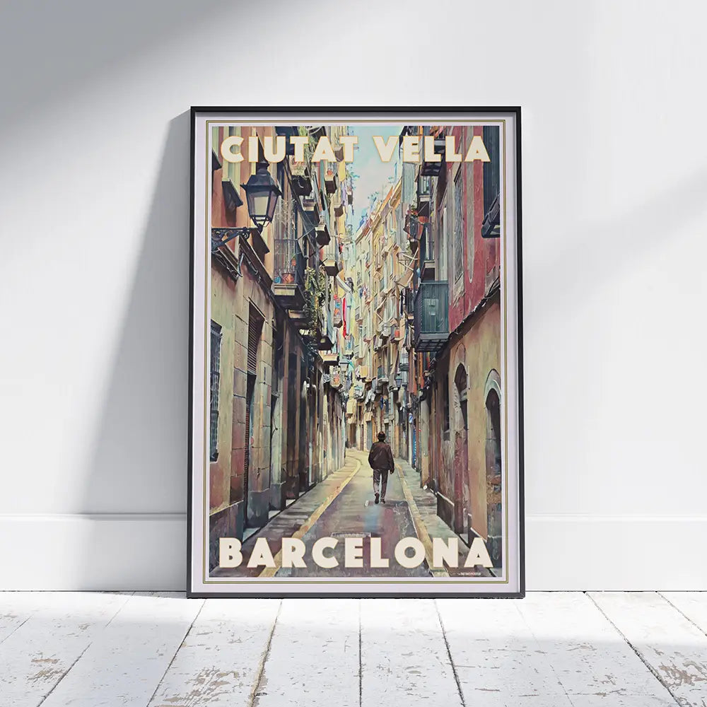 Vintage travel poster of Ciutat Vella Barcelona by Alecse, showing a narrow Gothic Quarter street with balconies, laundry lines and warm Mediterranean light