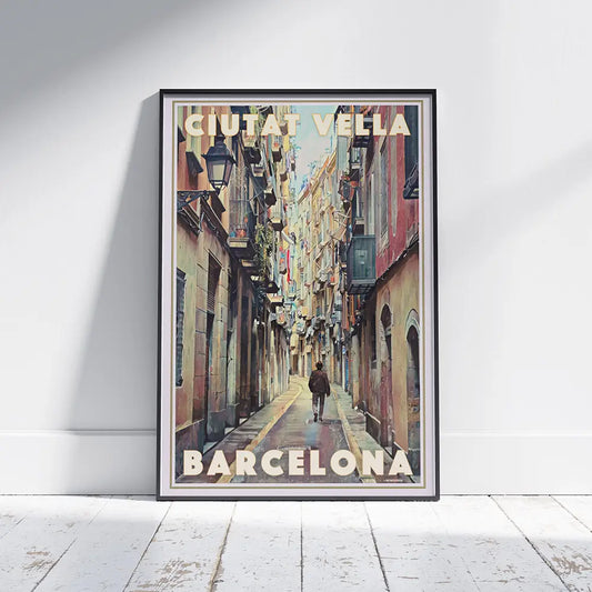 Vintage travel poster of Ciutat Vella Barcelona by Alecse, showing a narrow Gothic Quarter street with balconies, laundry lines and warm Mediterranean light