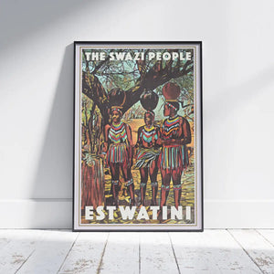 The Swazi People Eswatini vintage travel poster by Alecse displayed in a black frame