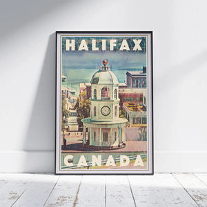 Halifax Harbor Canada vintage travel poster framed on floor, coastal clock tower and waterfront scene, limited edition wall art by Alecse