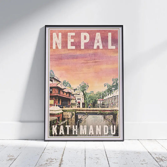 Vintage travel poster of Kathmandu Bridge by Alecse, limited edition Nepal art print