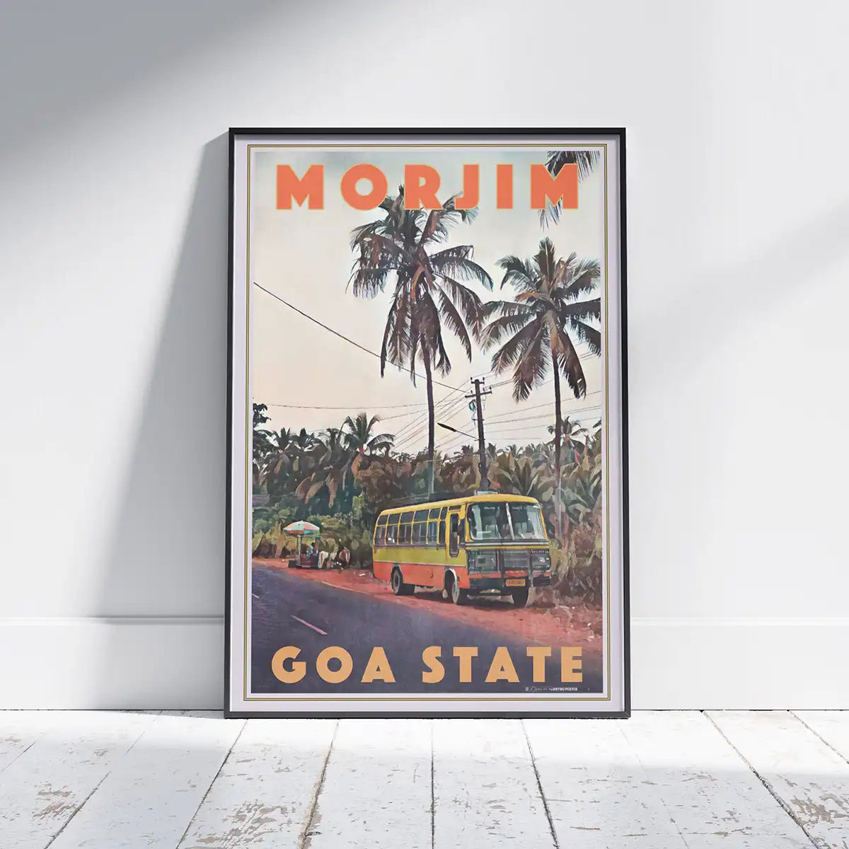 Morjim Goa Travel Poster by Alecse featuring a vintage Indian bus beneath coconut palms in Goa, limited edition wall art