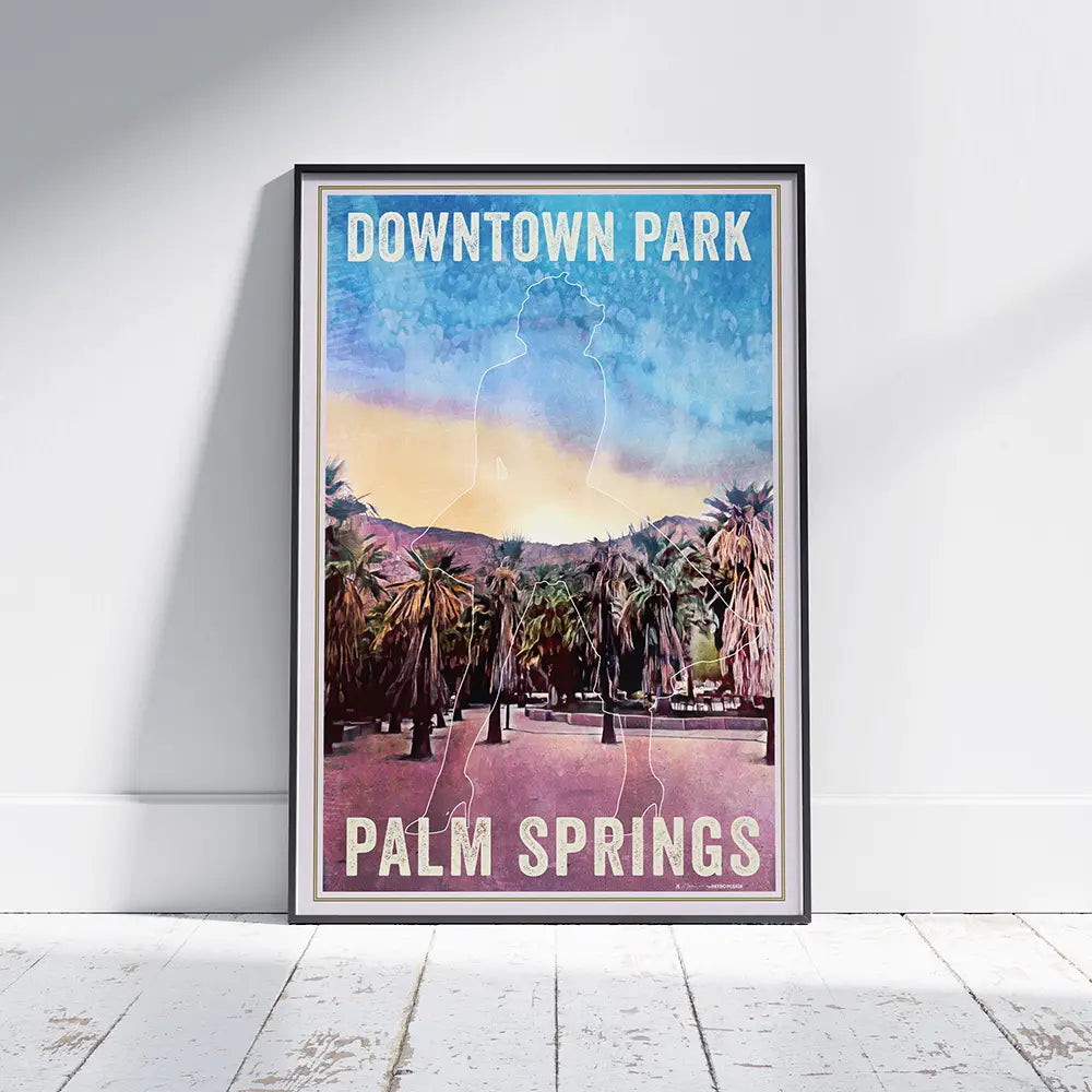 Vintage travel poster of Downtown Park in Palm Springs, California, showing palm trees and desert light in a halftone style, limited edition art print.