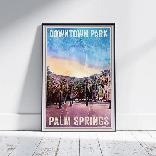 Vintage travel poster of Downtown Park in Palm Springs, California, showing palm trees and desert light in a halftone style, limited edition art print.