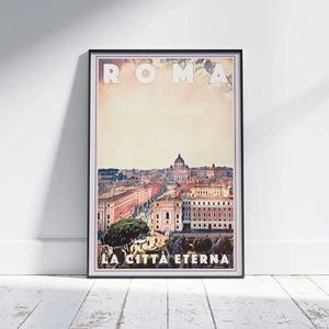 Rome Vatican travel poster by Alecse featuring a panoramic skyline with St Peter’s Basilica in vintage-inspired style