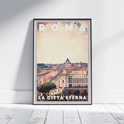 Rome Vatican travel poster by Alecse featuring a panoramic skyline with St Peter’s Basilica in vintage-inspired style