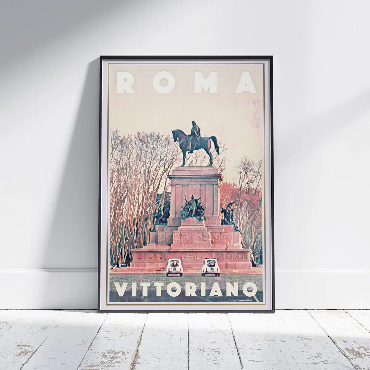 Framed Rome Vittoriano vintage-inspired travel poster by Alecse displayed against a wall on a white wooden floor, featuring Piazza Venezia and the Vittoriano monument in Rome, Italy.