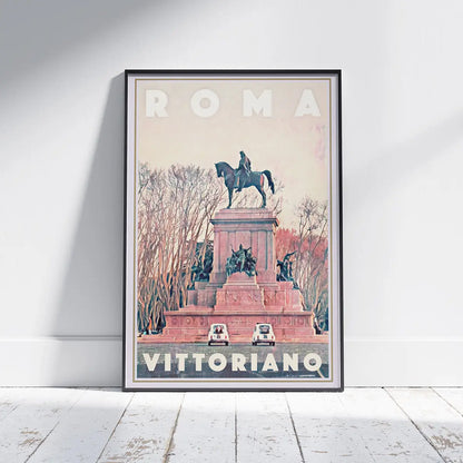 Framed Rome Vittoriano vintage-inspired travel poster by Alecse displayed against a wall on a white wooden floor, featuring Piazza Venezia and the Vittoriano monument in Rome, Italy.