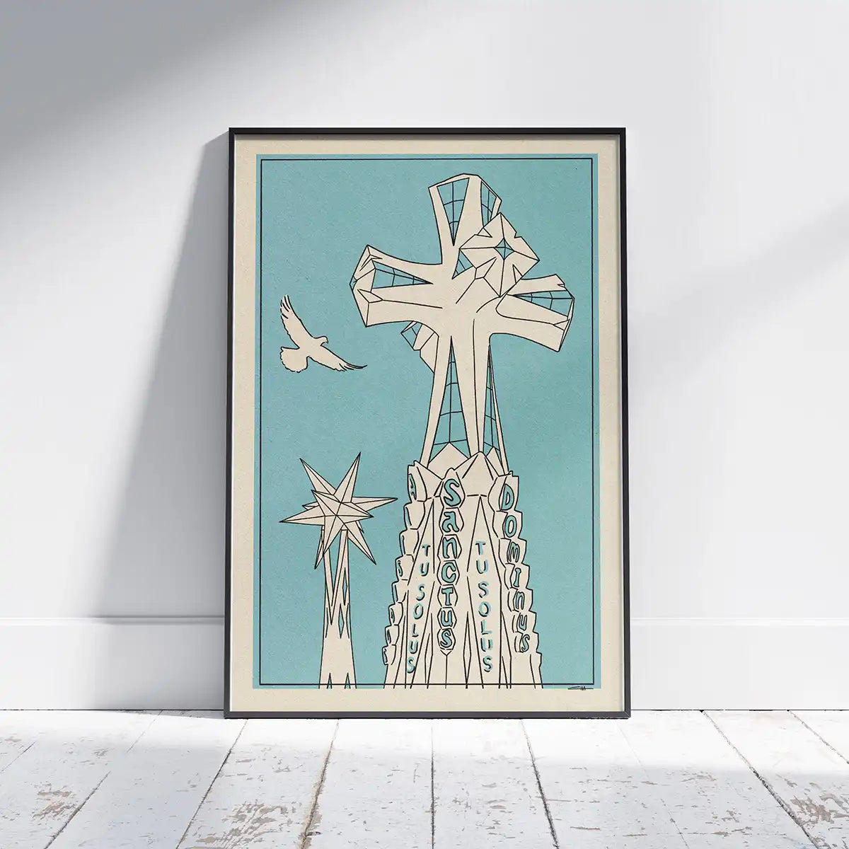 Sagrada Sanctus poster by Cha featuring the monumental cross crowning the Tower of Jesus at Barcelona’s Sagrada Familia limited edition art print