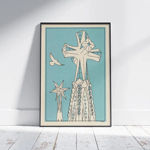 Sagrada Sanctus poster by Cha featuring the monumental cross crowning the Tower of Jesus at Barcelona’s Sagrada Familia limited edition art print