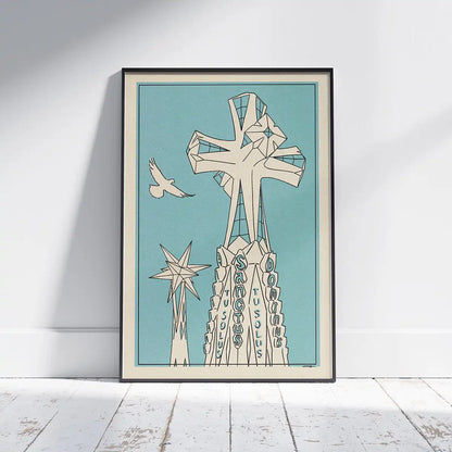 Sagrada Sanctus poster by Cha featuring the monumental cross crowning the Tower of Jesus at Barcelona’s Sagrada Familia limited edition art print