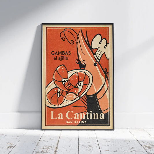 Gambas Poster La Cantina by Cha displayed in black frame featuring a playful shrimp chef and traditional Spanish seafood dish inspired by vintage restaurant posters