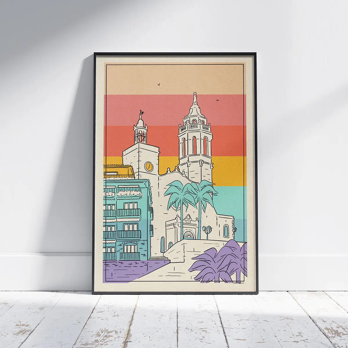 Sitges Rainbow poster by Cha featuring the iconic church of Sant Bartomeu i Santa Tecla against a colourful rainbow sky limited edition art print