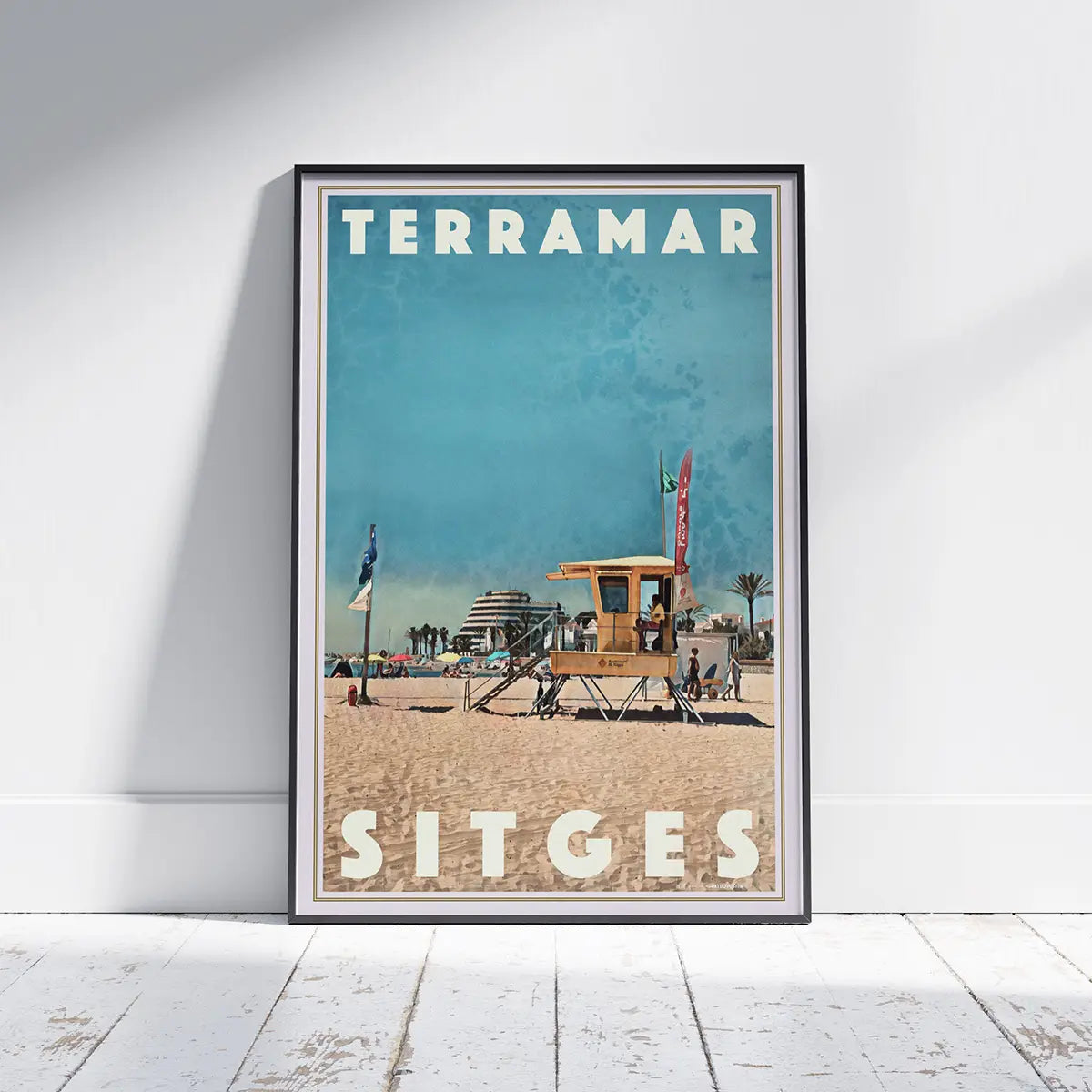 Terramar Beach Poster Sitges by Alecse framed on a wall featuring the iconic Terramar lifeguard tower and Mediterranean beach atmosphere, limited edition travel poster