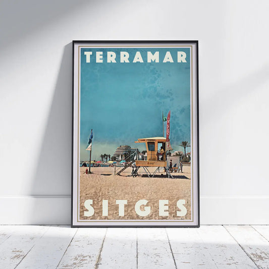 Terramar Beach Poster Sitges by Alecse framed on a wall featuring the iconic Terramar lifeguard tower and Mediterranean beach atmosphere, limited edition travel poster