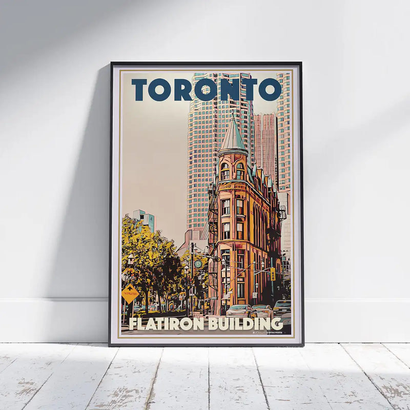 Framed Toronto Flatiron Building vintage poster displayed in a minimalist interior, architectural wall art by Alecse