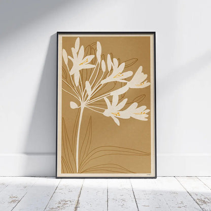 agapanthus flower poster agapanthus africanus botanical wall art vertical format white floral silhouettes warm ochre background limited edition