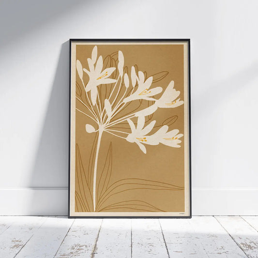 agapanthus flower poster agapanthus africanus botanical wall art vertical format white floral silhouettes warm ochre background limited edition