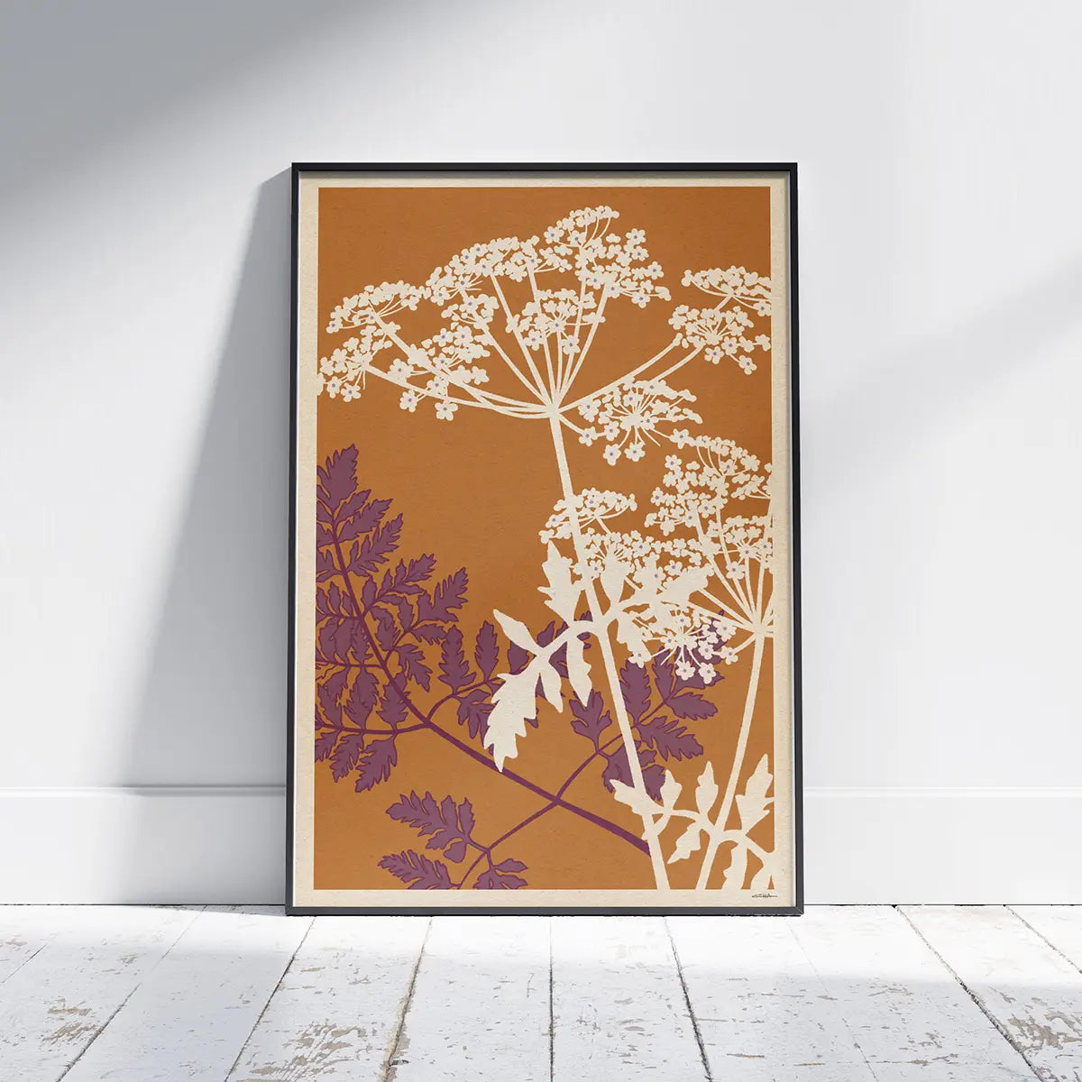 hemlock flower poster conium maculatum botanical wall art vertical format white floral silhouettes warm ochre background limited edition