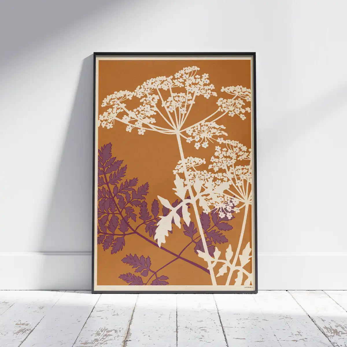 hemlock flower poster conium maculatum botanical wall art vertical format white floral silhouettes warm ochre background limited edition