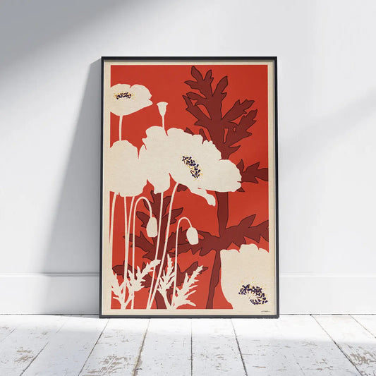 poppy flower poster papaver rhoeas botanical art print red background white silhouettes minimal floral composition limited edition