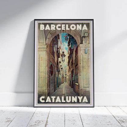 Framed Barcelona Gothic Quarter poster showing Carrer del Vidre in Barcelona’s historic Barri Gòtic