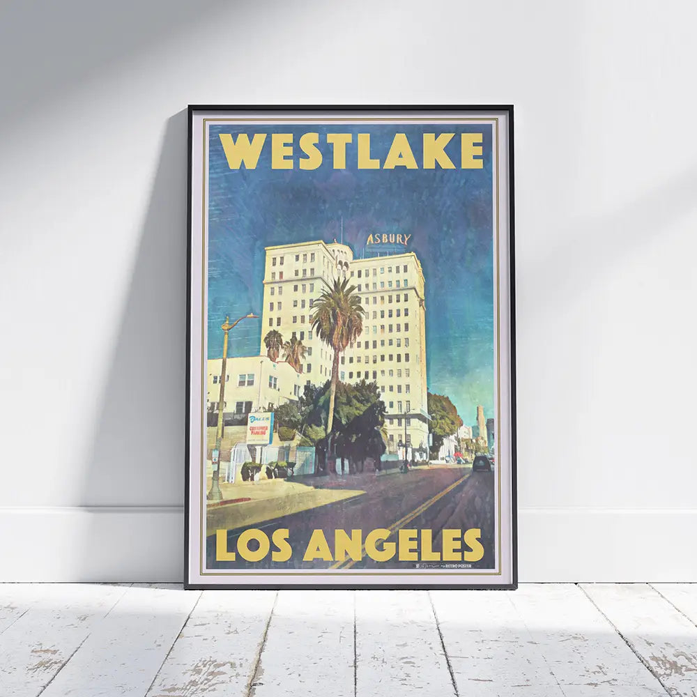 Westlake Los Angeles travel poster by Alecse, unframed, leaning against a wall with retro California street scene.