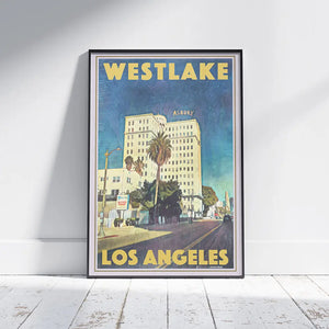 Westlake Los Angeles travel poster by Alecse, unframed, leaning against a wall with retro California street scene.