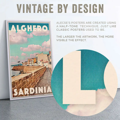 Magnified view of halftone printing texture on a vintage-style Alghero Sardinia travel poster