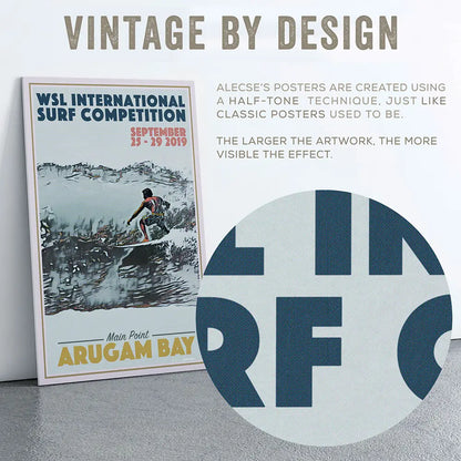 Magnified halftone texture of Alecse’s Arugam Bay surf poster, showing the retro dot pattern used in classic travel prints.