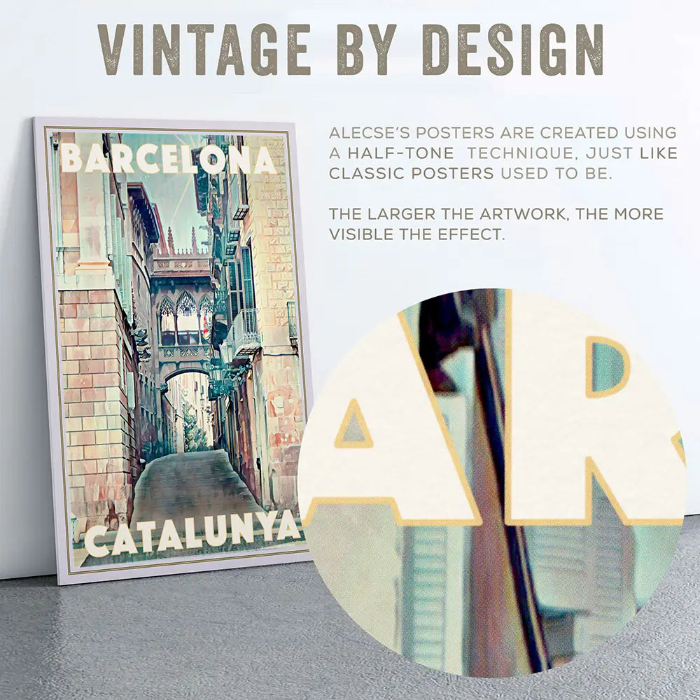 Barcelona Gothic Quarter poster detail showing halftone texture effect on bridge and typography, vintage print style by Alecse