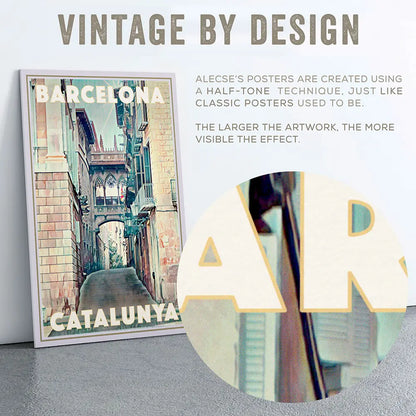 Barcelona Gothic Quarter poster detail showing halftone texture effect on bridge and typography, vintage print style by Alecse