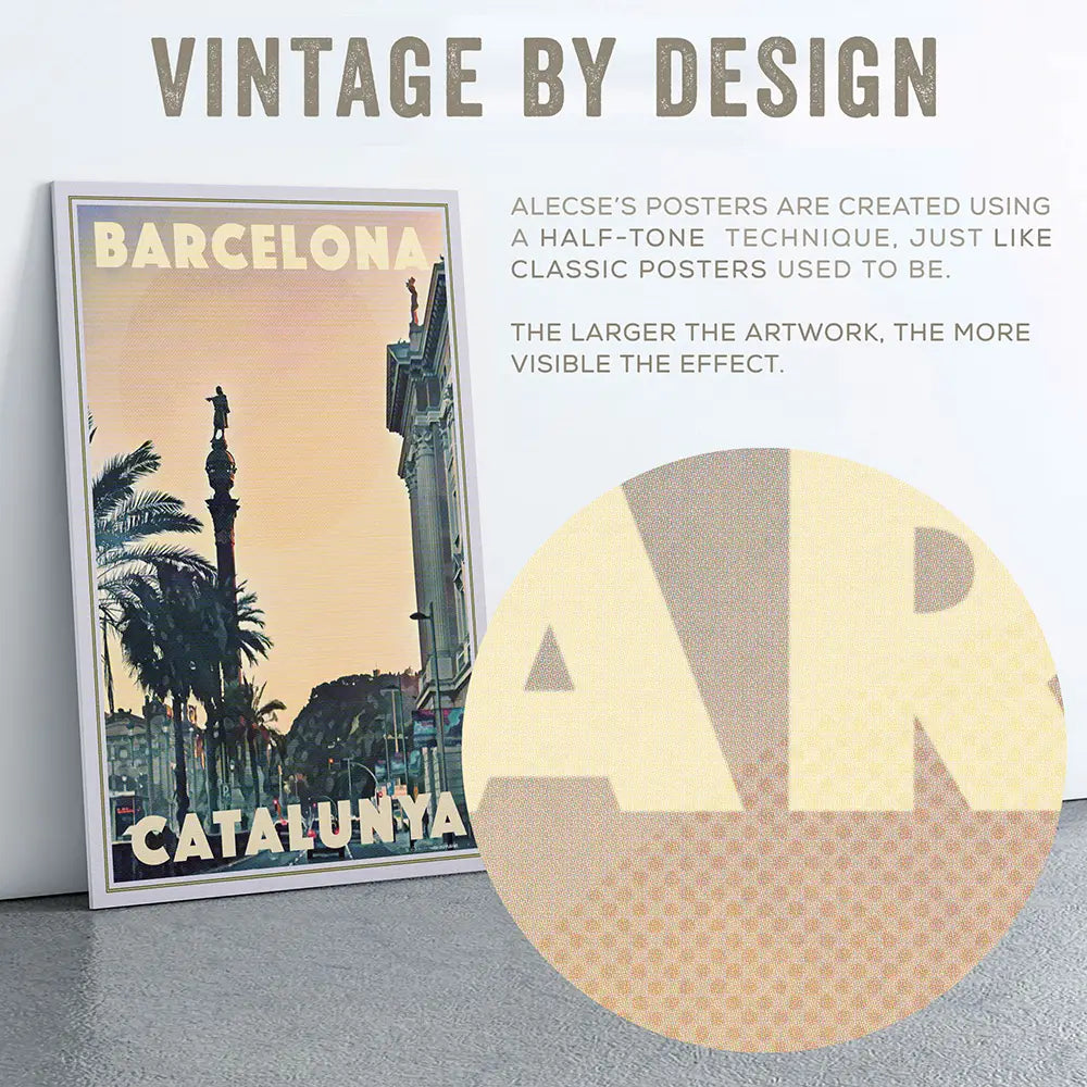 Barcelona Columbus Monument poster detail showing unique halftone sun effect layered over vintage texture, signature Alecse technique