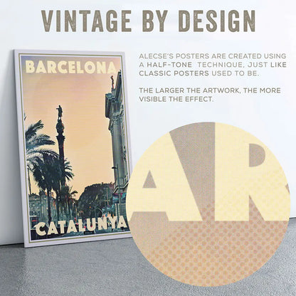 Barcelona Columbus Monument poster detail showing unique halftone sun effect layered over vintage texture, signature Alecse technique