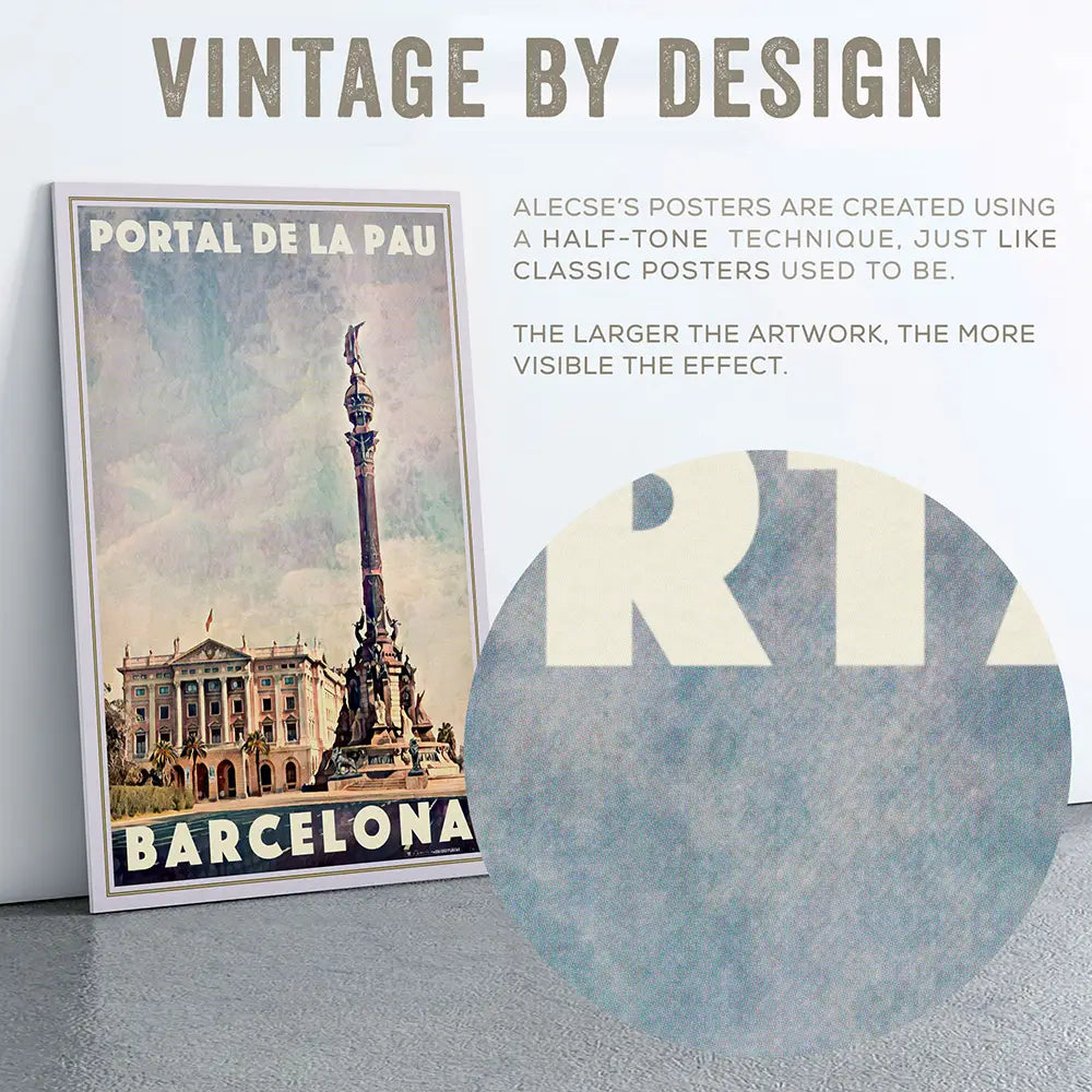 Detail of Barcelona travel poster surface with halftone grain and soft sky tones, vintage style limited edition art print