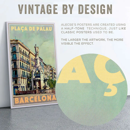 Plaça de Palau Barcelona poster showing halftone texture close up, vintage effect inspired by classic travel posters