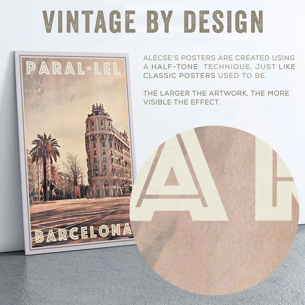 Barcelona Paral lel poster detail showing halftone texture effect, vintage travel poster technique by Alecse