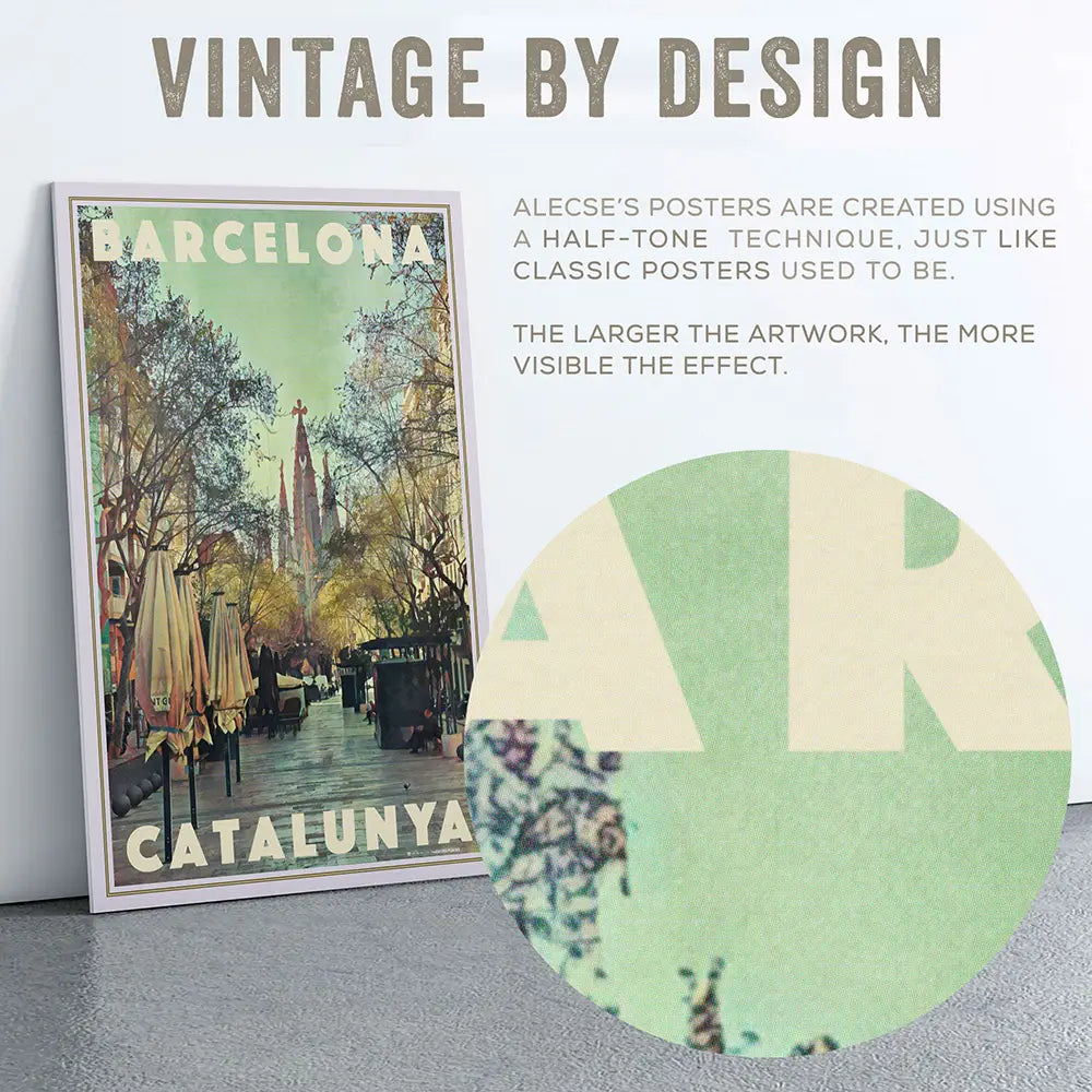 Barcelona Sagrada Familia poster detail showing halftone texture effect, vintage printing style by Alecse