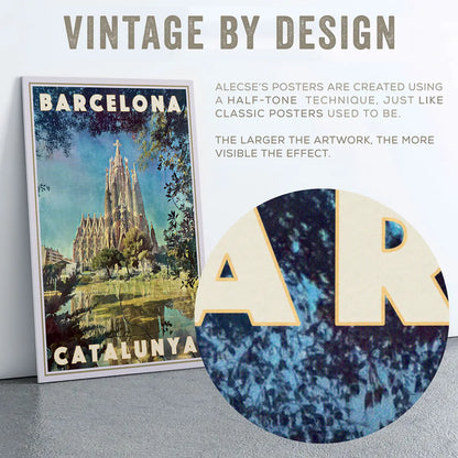 Sagrada Familia Barcelona vintage travel poster close-up with halftone texture on sky and tree leaves