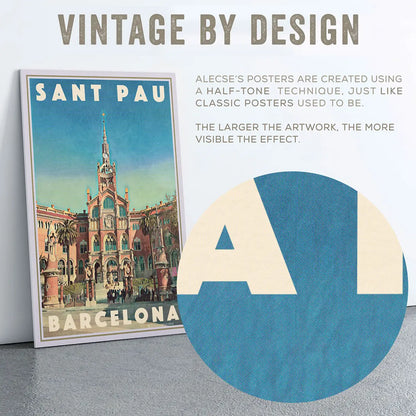 Sant Pau Barcelona poster close up showing halftone texture on blue sky and architectural details