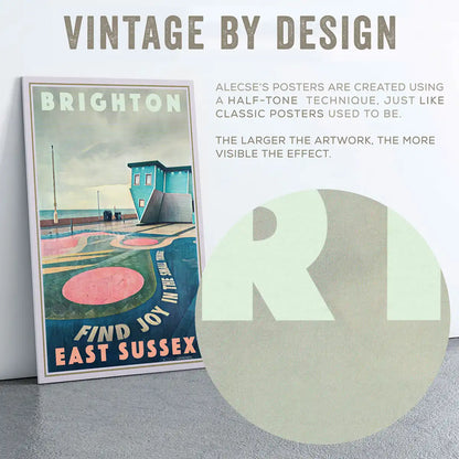 Brighton Find Joy vintage travel poster by Alecse featuring the Upside Down House on the seafront with halftone texture