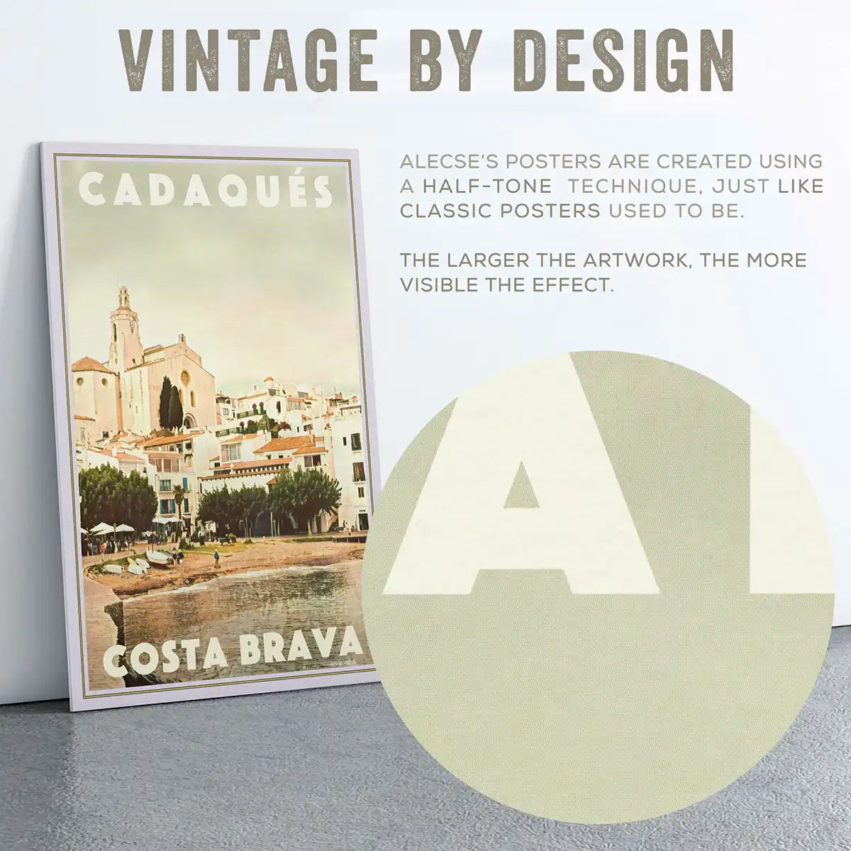 Cadaqués Church poster close-up showing vintage halftone texture across the sky and title lettering