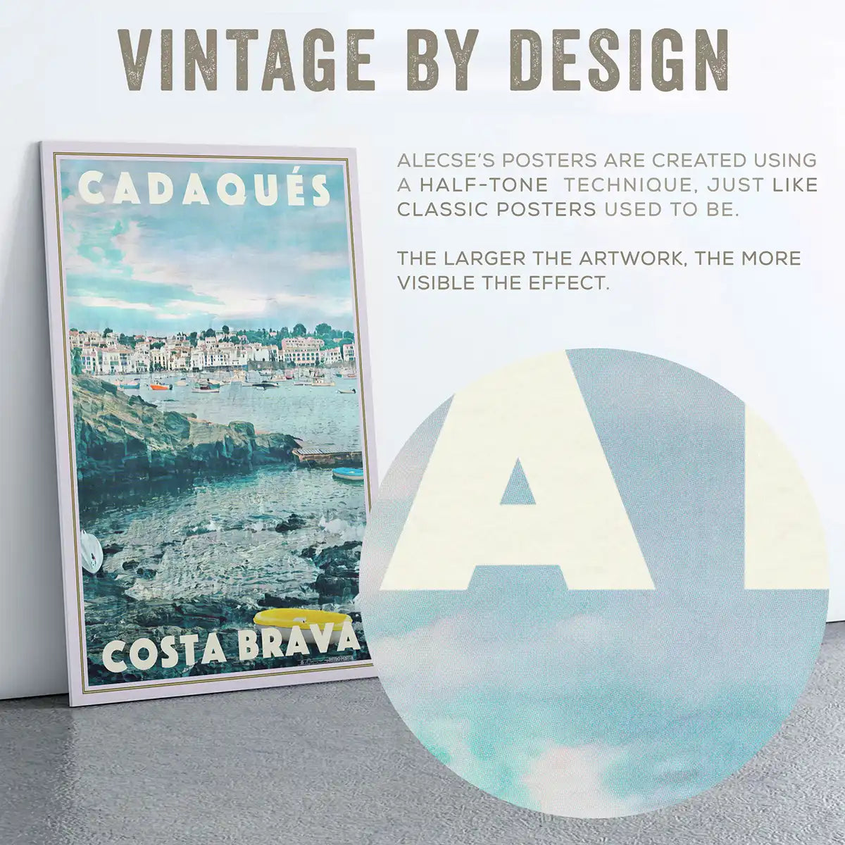 Close-up of the Cadaqués Memories poster showing Alecse’s signature vintage-inspired halftone texture