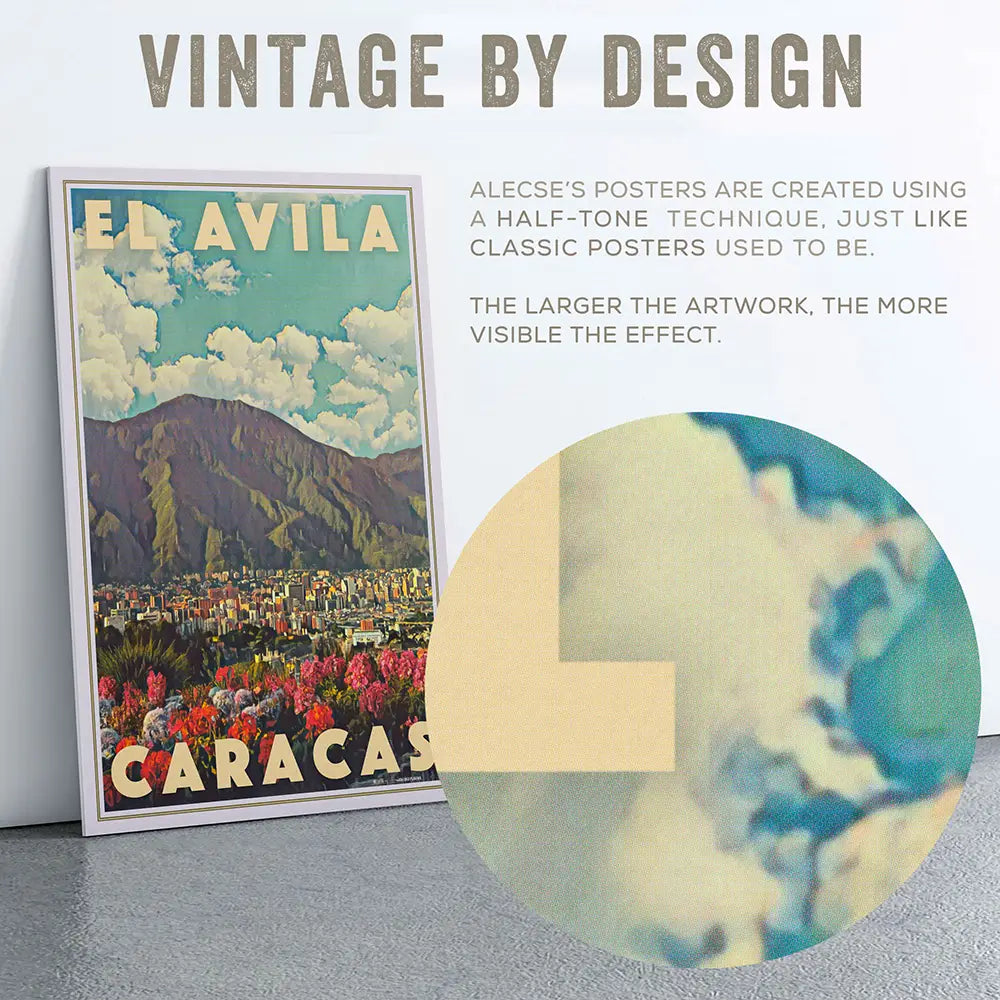 Magnified halftone texture from the El Ávila Caracas poster, showing the vintage printing-style grain used in Alecse’s artwork