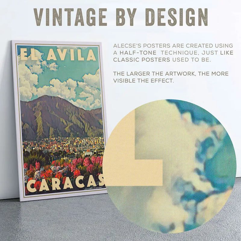 Magnified halftone texture from the El Ávila Caracas poster, showing the vintage printing-style grain used in Alecse’s artwork