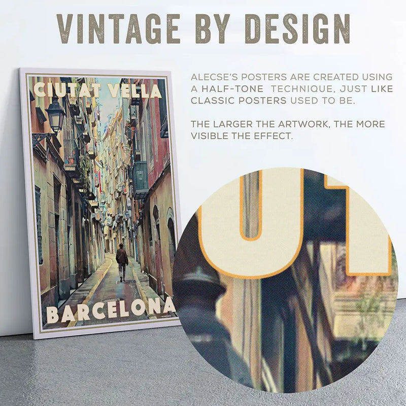 Magnified halftone texture of the Ciutat Vella Barcelona poster, showing Alecse’s vintage print effect