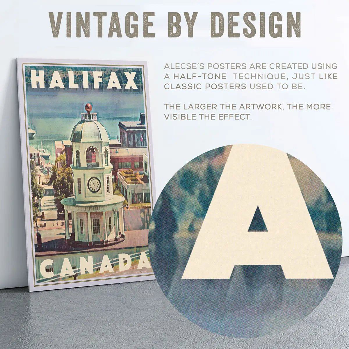 Halifax Harbor poster close up showing halftone texture on sky and architectural details in vintage style