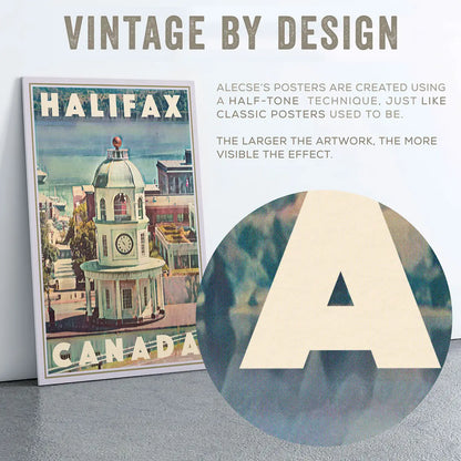 Halifax Harbor poster close up showing halftone texture on sky and architectural details in vintage style