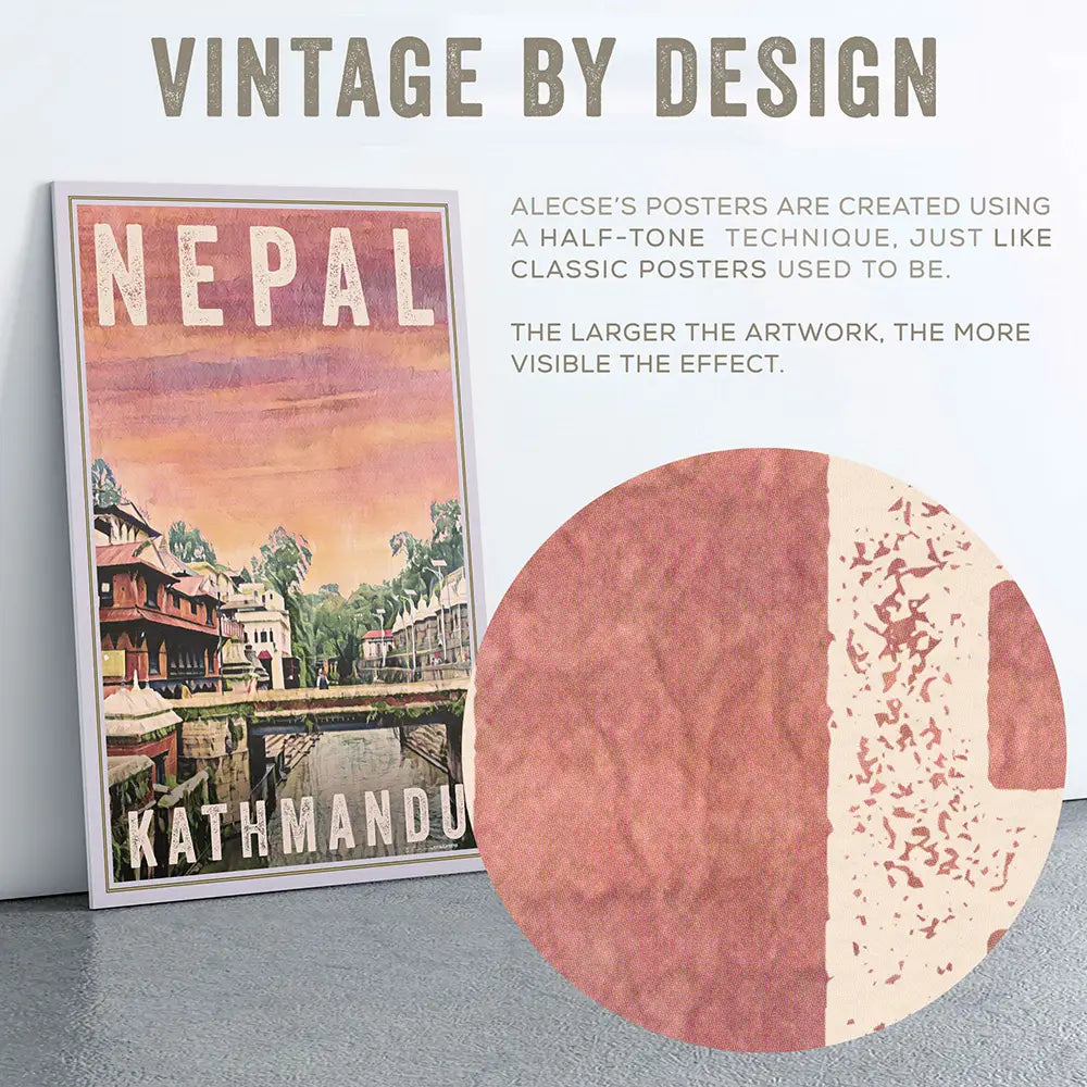 Close-up detail showing vintage halftone texture on Kathmandu Bridge poster